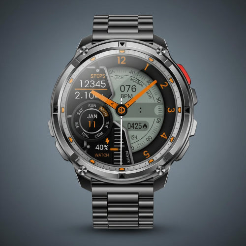 Smartwatch with metallic band and feature highlights on a dark background