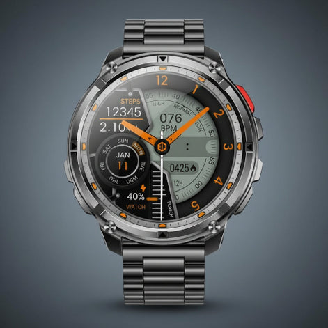 Smartwatch with metallic band and feature highlights on a dark background