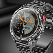 Smartwatch with metallic band and feature highlights on a dark background