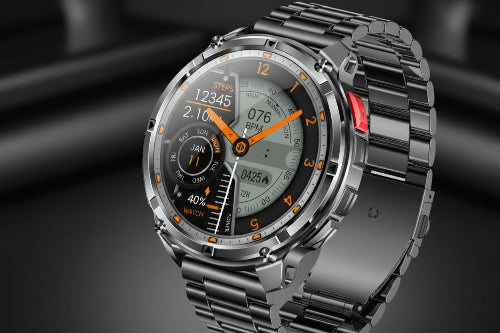 Smartwatch with metallic band and feature highlights on a dark background