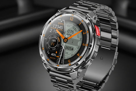 Smartwatch with metallic band and feature highlights on a dark background