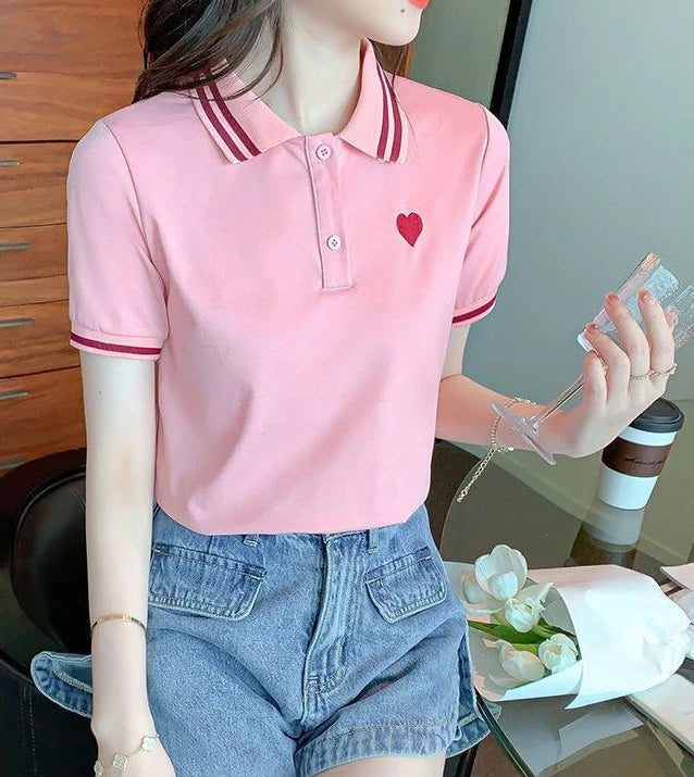 Polo Neck Shirt for Women100℅ Cotton  Woman T Embroidery Button Graphic Slim Korean Clothing Trend 2025 Youthful Elegant Style