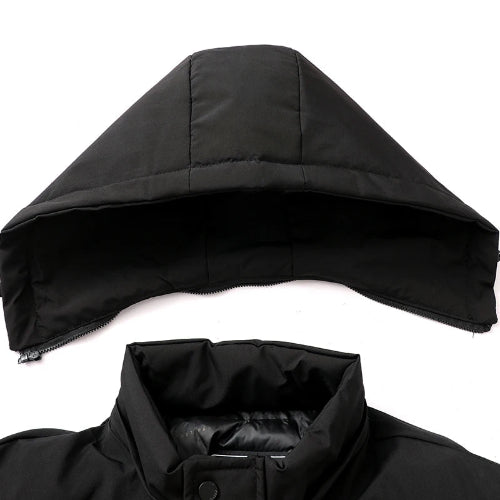 Black hooded jacket with a close-up of the hood on a white background