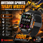 A Transformers-themed promotional graphic for a smartwatch. The watch is shown prominently in the center-right