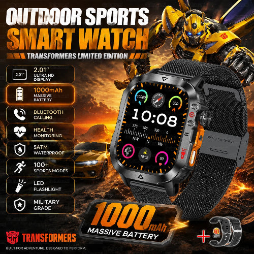 A Transformers-themed promotional graphic for a smartwatch. The watch is shown prominently in the center-right