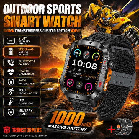 A Transformers-themed promotional graphic for a smartwatch. The watch is shown prominently in the center-right