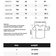 Size chart for shirts with measurements and weight recommendations.