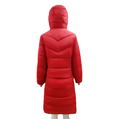 Red puffer coat on a white background
