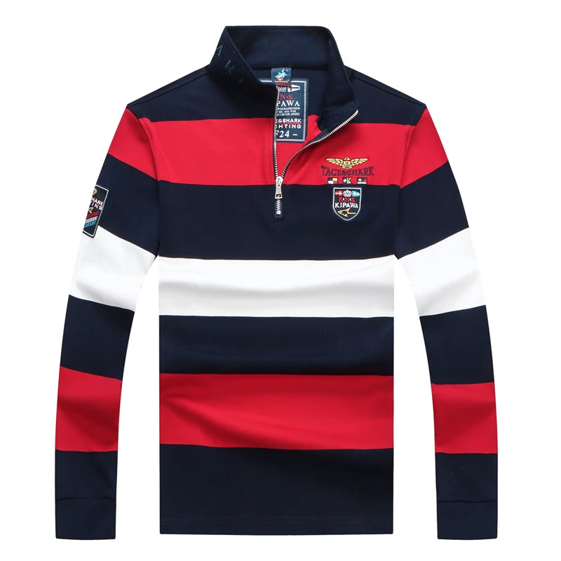 TACE&SHARK Brand Hot Sale Fashion Business Stripes Embroidery Long Sleeve Polo Shark Tops Men Autumn Half Zipper Slim Clothes