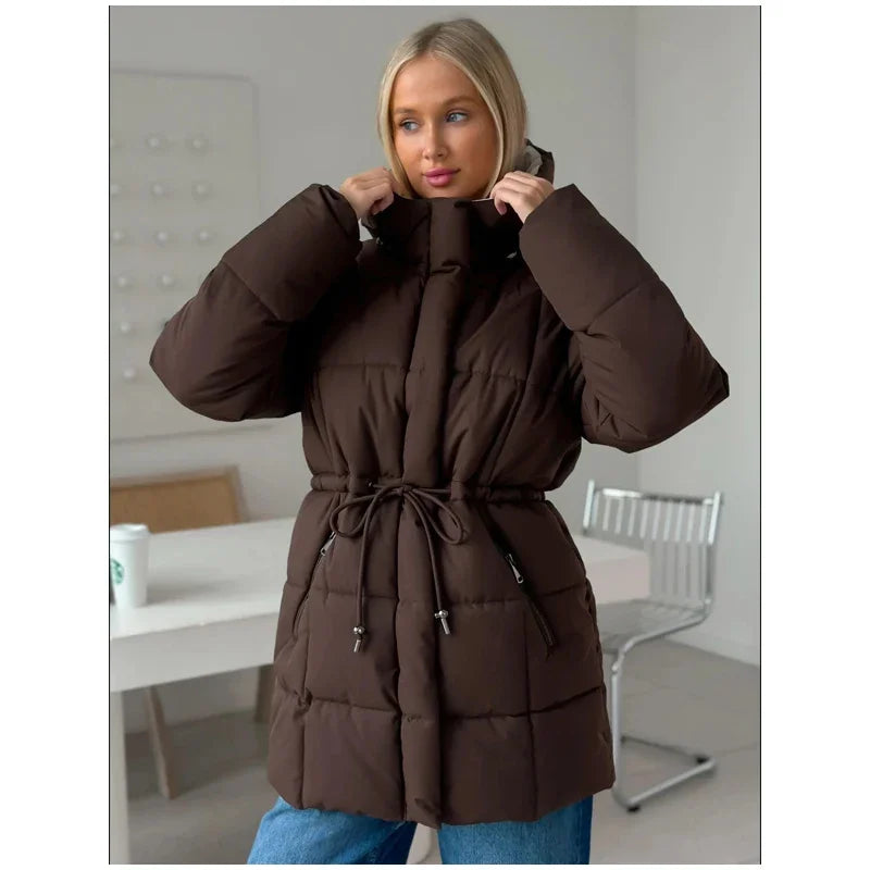 Brown Hooded Quilted Cotton Jacket Fashion Waist Cinch Drawstring Zip Pocket Warm Coat 2026 Women's Winter Casual Street Outfit