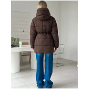 Brown Hooded Quilted Cotton Jacket Fashion Waist Cinch Drawstring Zip Pocket Warm Coat 2026 Women's Winter Casual Street Outfit