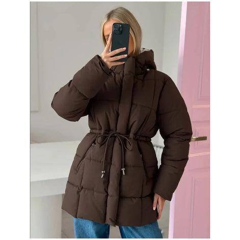 Brown Hooded Quilted Cotton Jacket Fashion Waist Cinch Drawstring Zip Pocket Warm Coat 2026 Women's Winter Casual Street Outfit