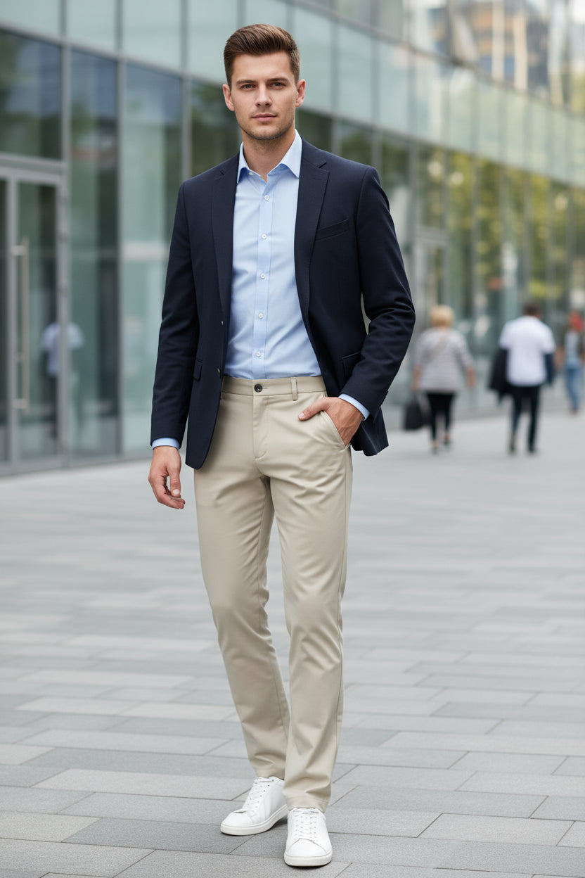 Beige pants worn by a person on a light gray background