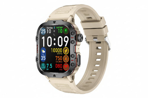 Smartwatch with a beige strap on a white background