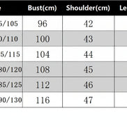 Table displaying measurements for different sizes of a garment with columns for Size, Bust(cm), Shoulder(cm), and Length(cm).