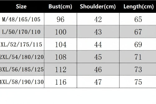 Table displaying measurements for different sizes of a garment with columns for Size, Bust(cm), Shoulder(cm), and Length(cm).