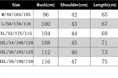 Table displaying measurements for different sizes of a garment with columns for Size, Bust(cm), Shoulder(cm), and Length(cm).