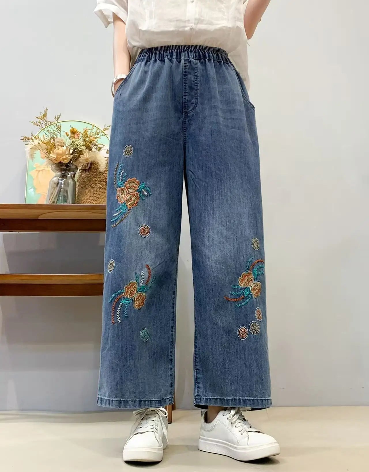 Spring Summer Ethnic Style Vintage Floral Embroidery Denim Wide Leg Pants Women High Elastic Waist Hole Casual Straight Jeans