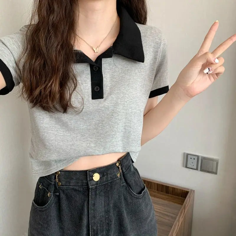 Summer 2026 Women New Arrival Slim Fit Versatile Polo Collar Color Block Short T Shirt Short Sleeve Unique Top Ins Trendy