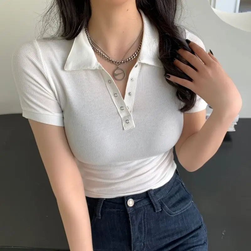 Polo Neck Shirt for Women Sexy Woman T Coquette Clothes Plain 100℅ Cotton Button Slim Korean Style with Collar Pretty Cheap Tops
