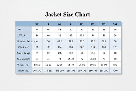Jacket size chart with measurements in EU, UK/US, shoulder width, chest, sleeve length, cloth length, and weight.