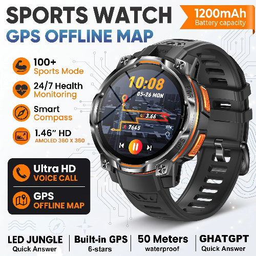 A rugged black sports watch with a black strap and orange accents, shown on a white background 
