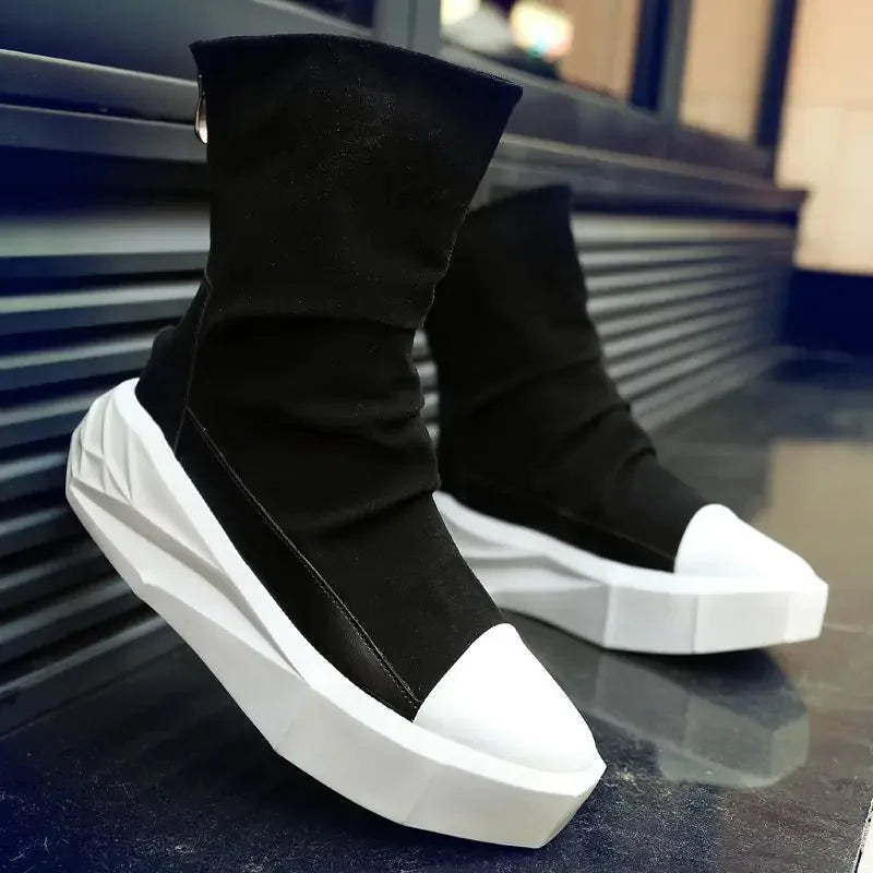 Men 6 cm Height Increasing Platform Boots Back Zip Leather Shoes Male Mixed Colors Y3 High Top Black White Men's Boots