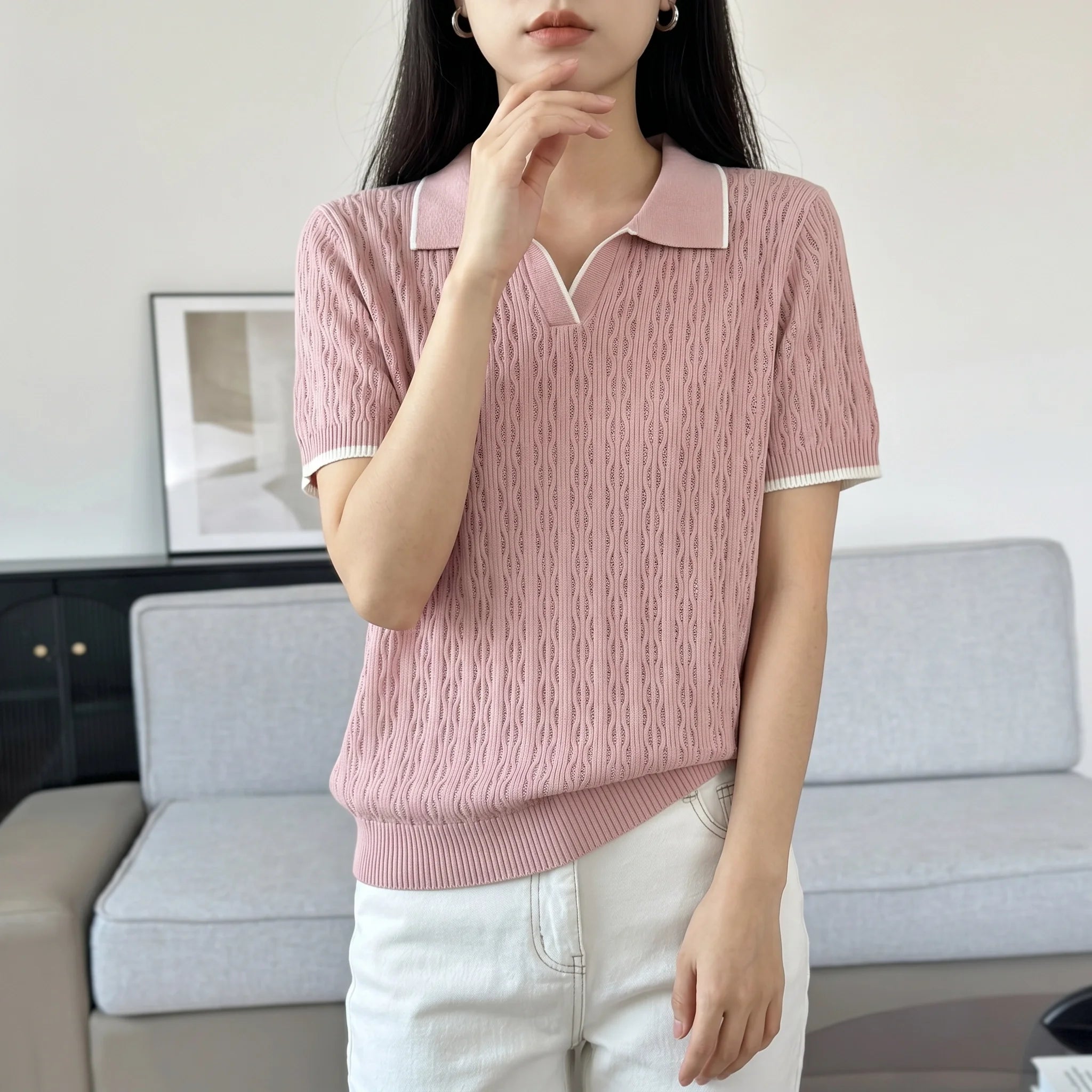 WinvyNee Spring Summer Women Cotton Polo V Collar Sweater Knitted Top Green Solid Short Sleeve Casual Pullover T-Shirt ZA1002042