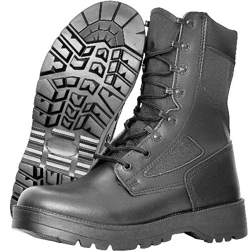 Black tactical boot with detailed sole design on a white background