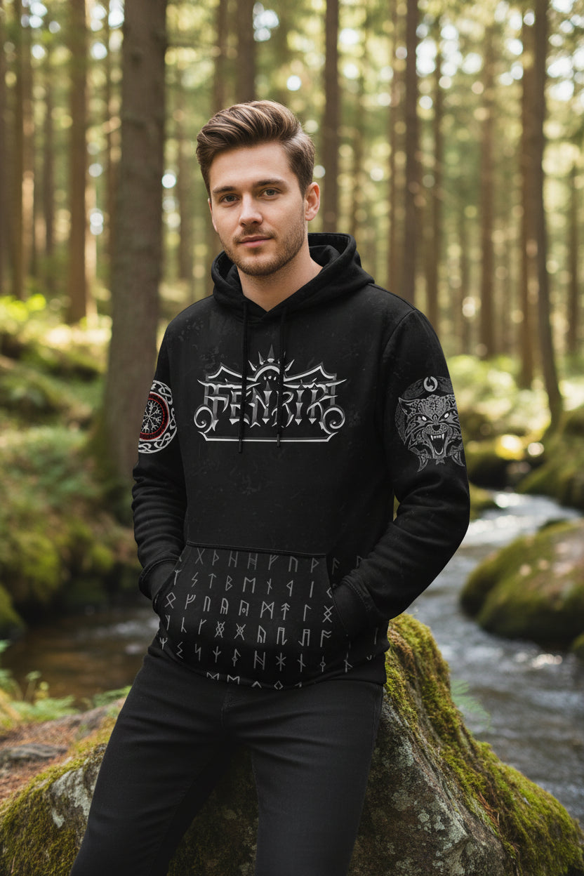 Black hoodie with white designs and text on a white background