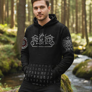 Black hoodie with white designs and text on a white background