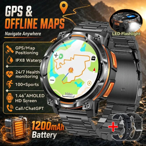 Black rugged smartwatch with orange accents, shown with a map display and promotional text highlighting GPS, offline maps, IPX8 water resistance, health monitoring, 100+ sports modes, 