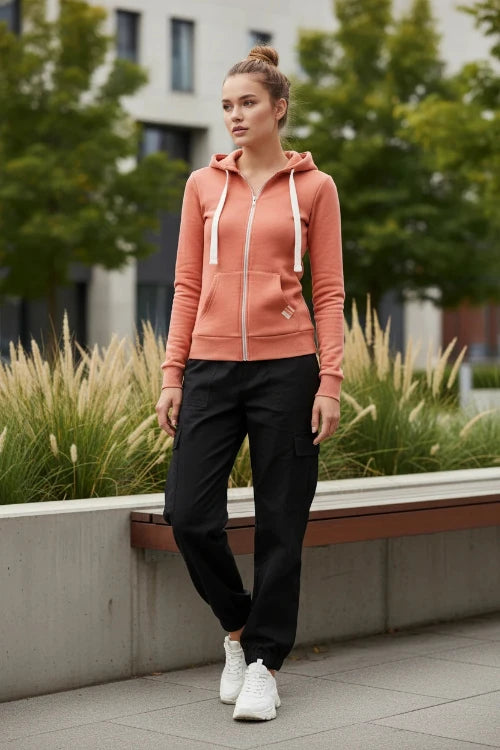 Coral hoodie with a zipper on a white background