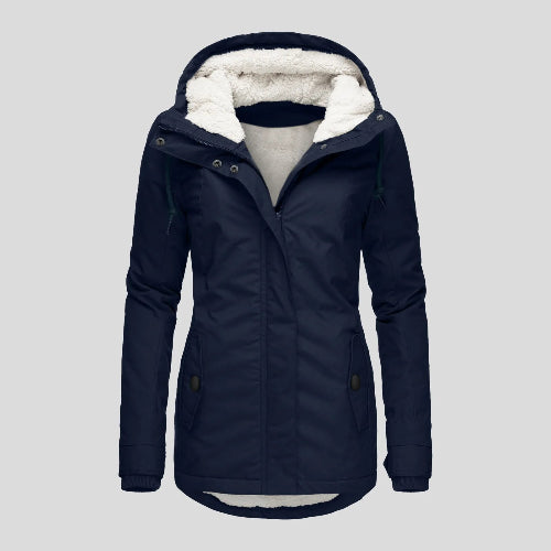 Front view of a navy hooded zip-up jacket with white fleece-look lining and buttoned front pockets against a light background