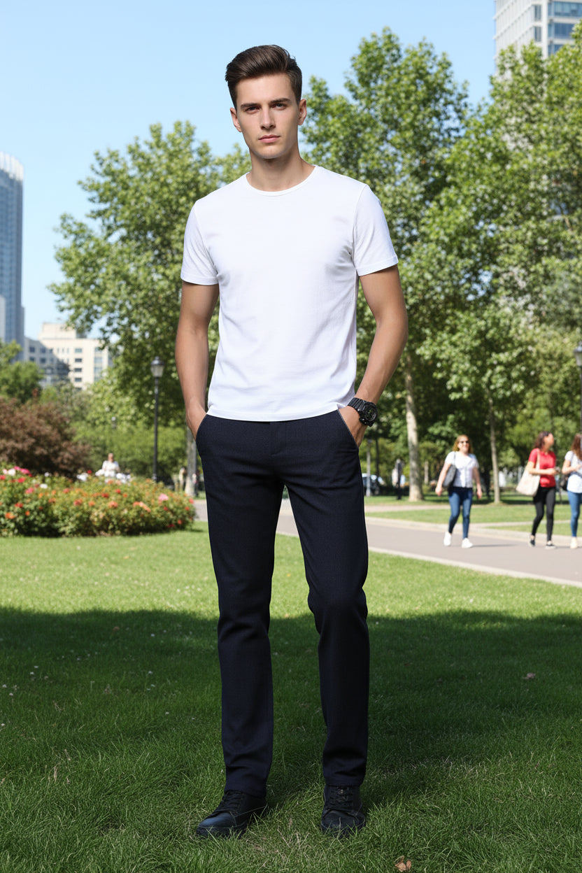 Person wearing navy blue trousers with a white background