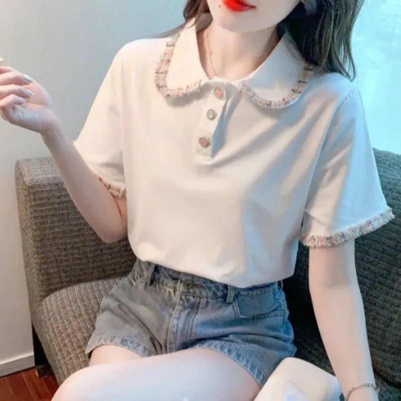 Short Sleeve Button T-shirts Summer Outfit Lapel Baggy Female Tee Aesthetic Clothing Sales Y2k Fashion Youth Women's Polo Shirts