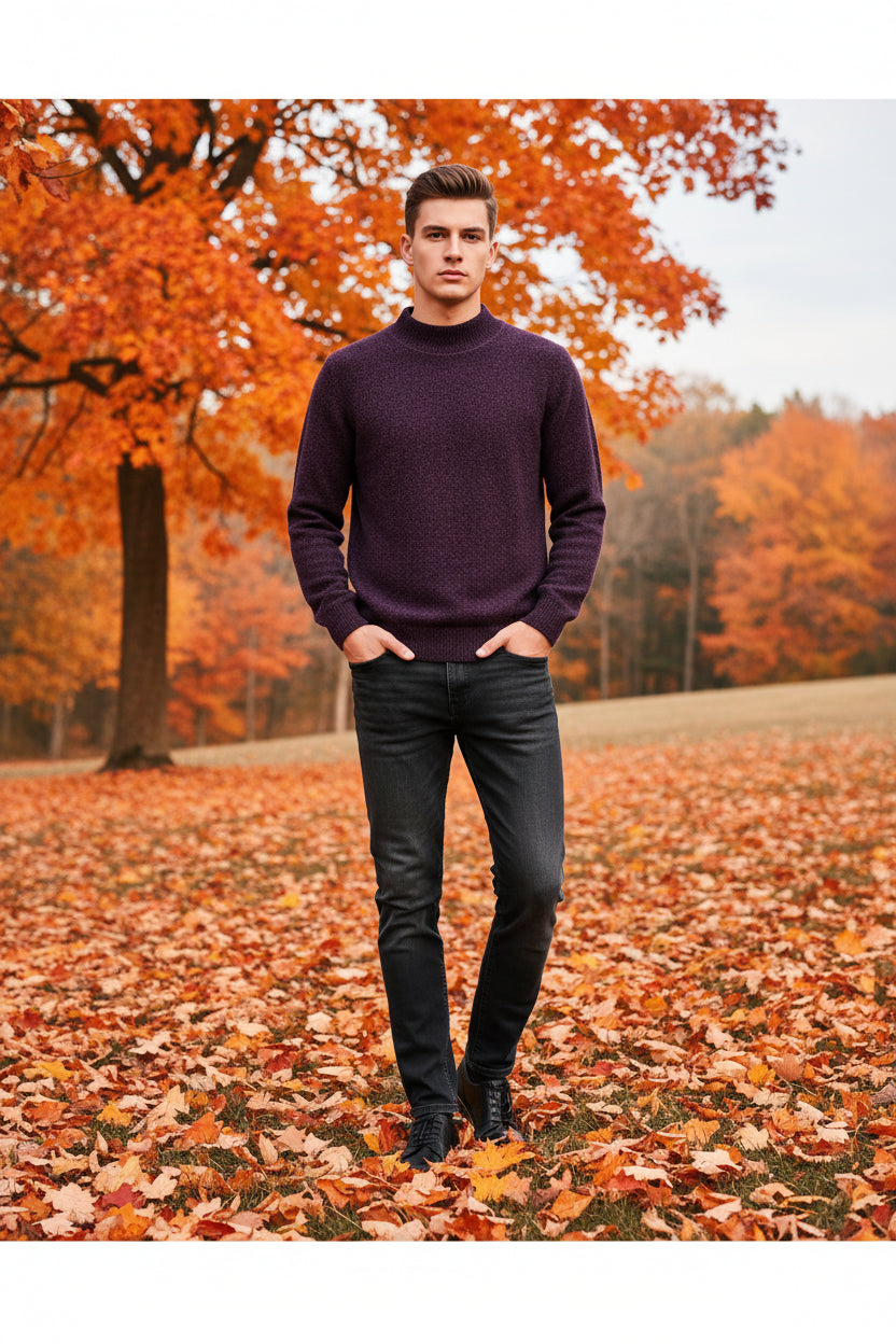 Purple sweater on a hanger with a hand pointing to it, featuring a 'warm' icon.