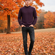 Purple sweater on a hanger with a hand pointing to it, featuring a 'warm' icon.
