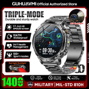 Smartwatch with features highlighted on a promotional graphic for GUHUAVMI.