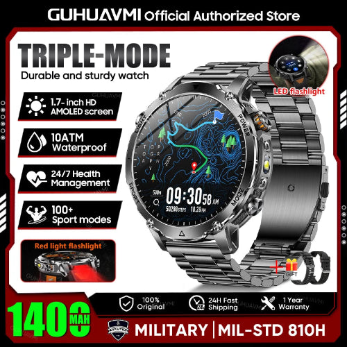 Smartwatch with features highlighted on a promotional graphic for GUHUAVMI.