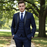 Navy blue suit with matching tie on a plain background