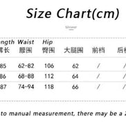 A size chart in centimeters showing measurements for sizes M, L, and XL, including length, waist, hip, and other garment dimensions, with a note about manual measurement error.