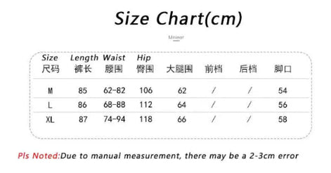 A size chart in centimeters showing measurements for sizes M, L, and XL, including length, waist, hip, and other garment dimensions, with a note about manual measurement error.
