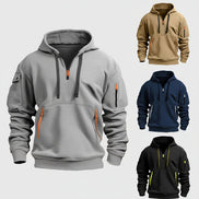 Collection of four hoodies in gray, beige, blue, and black with orange and yellow accents on a white background.