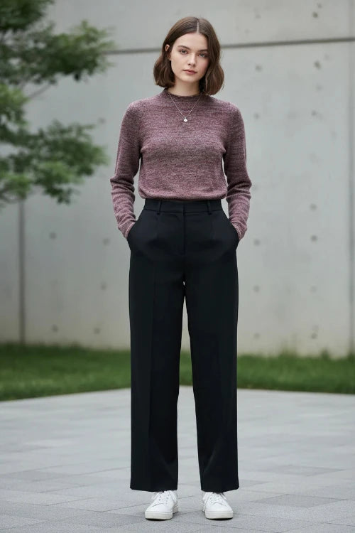 A woman wearing a marled knit mock-neck sweater in a dusty rose and burgundy tone, paired with a black skirt, standing in front of a softly lit window.