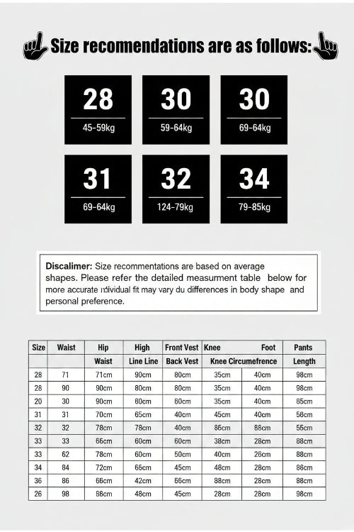 Size chart for clothing with weight and height recommendations.