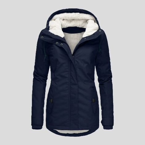 Front view of a navy hooded zip-up jacket with white fleece-look lining and buttoned front pockets against a light background