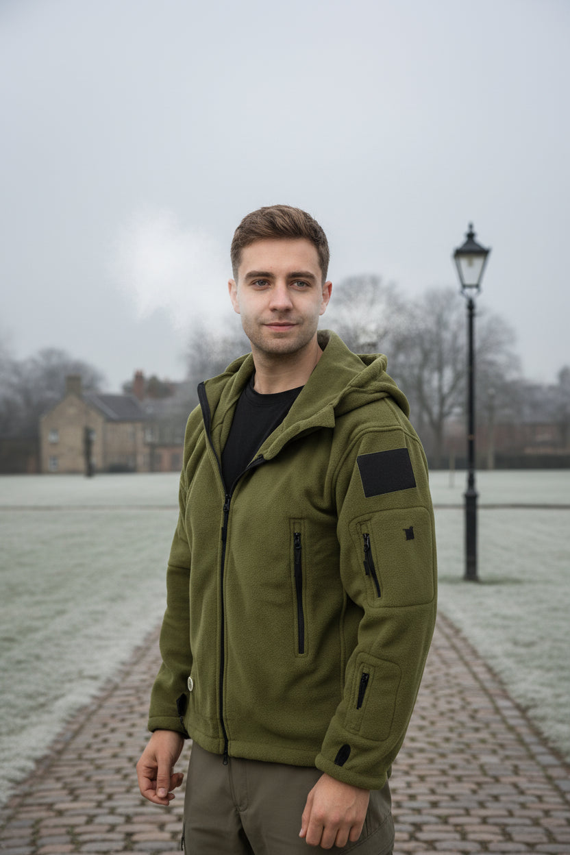 Person wearing a green tactical jacket with black patches in an urban setting