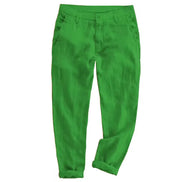 Bright green trousers shown flat against a plain white background.