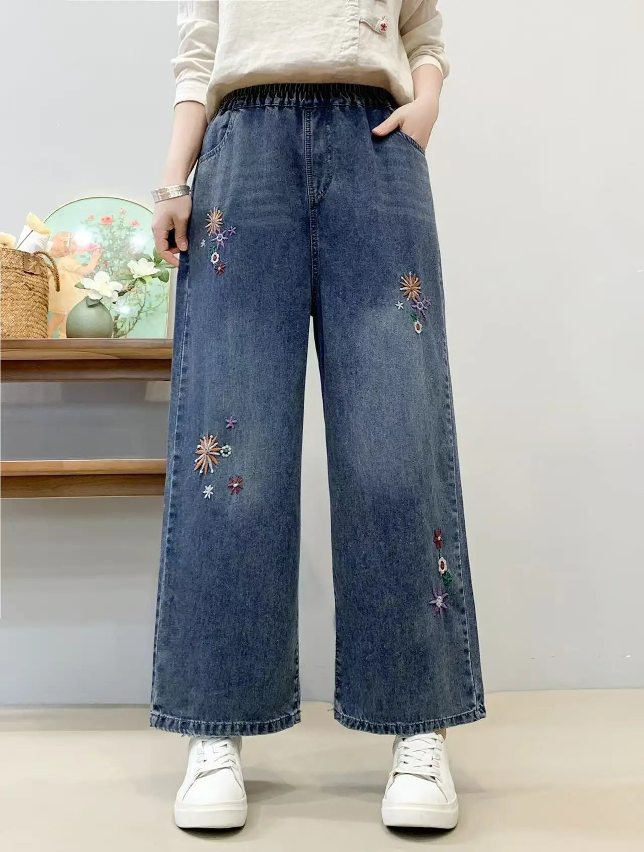 Spring Summer Ethnic Style Vintage Floral Embroidery Denim Wide Leg Pants Women High Elastic Waist Hole Casual Straight Jeans